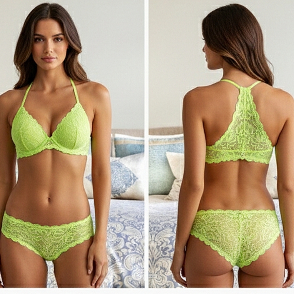 VICTORIA'S SECRET PINK - "The Date" Lime Green Yellow Lace Bra 32B